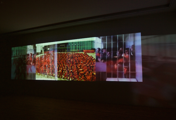 From Exhibit B, a film still from Carolee Schneemann’s “Precarious” (2009, 6 minutes; loop, color, sound; motorized mirrors, multi-channel video projection). Copyright C. Schneemann, courtesy P•P•O•W & Galerie Lelong. 