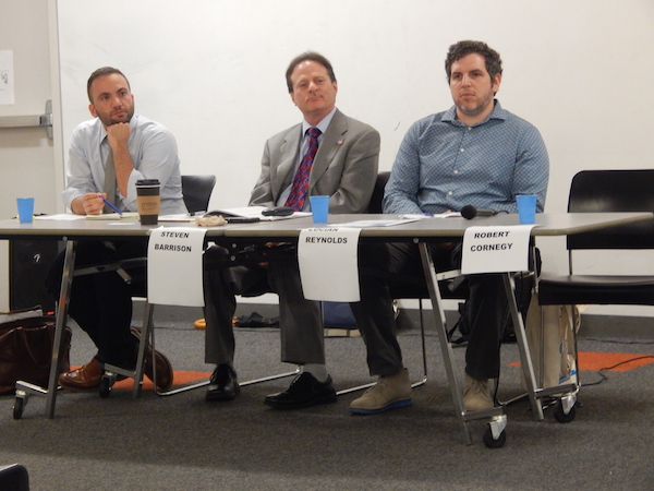 L to R: Eli Szenes-Strauss from NY State Senator Brad Hoylman’s office; attorney Steven Barrison; and urban planner Lucian Reynolds from the office of Borough President Gale Brewer. City Councilmember Robert Cornegy was conspicuously absent. Photo by Sean Egan.