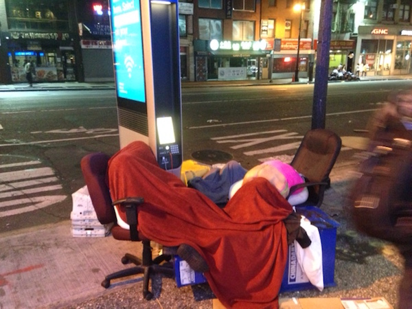 Before LinkNYC disabled its web browsing on its kiosks, the homeless often gathered at the terminals, like this one at W. 40th and Eighth Ave. Photo by John A. Mudd.