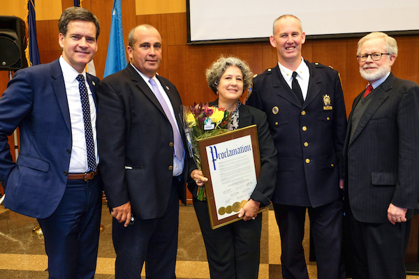 L to R: NY State Senator Brad Hoylman, Detective Dorian (13th Pct.), Jane Schreibman, 13th Pct. CO Brendan Timoney, and State Assemblymember Richard Gottfried. Photo by Tequila Minsky.