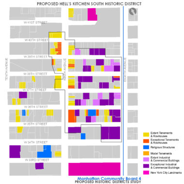 The outlined area tentatively maps a Hell’s Kitchen South Historic District under study by Community Board 4. | COMMUNITY BOARD 4 