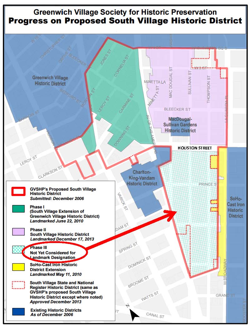 This schematic — which is now out of date — shows the area currently under consideration for landmarking. Courtesy Greenwich Village Society for Historic Preservation