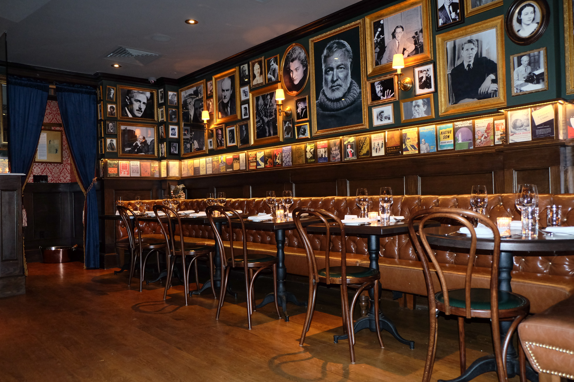 Like the old Chumley's, the rebuilt bar's walls sport authors' book covers and photos of literary legends and other icons.