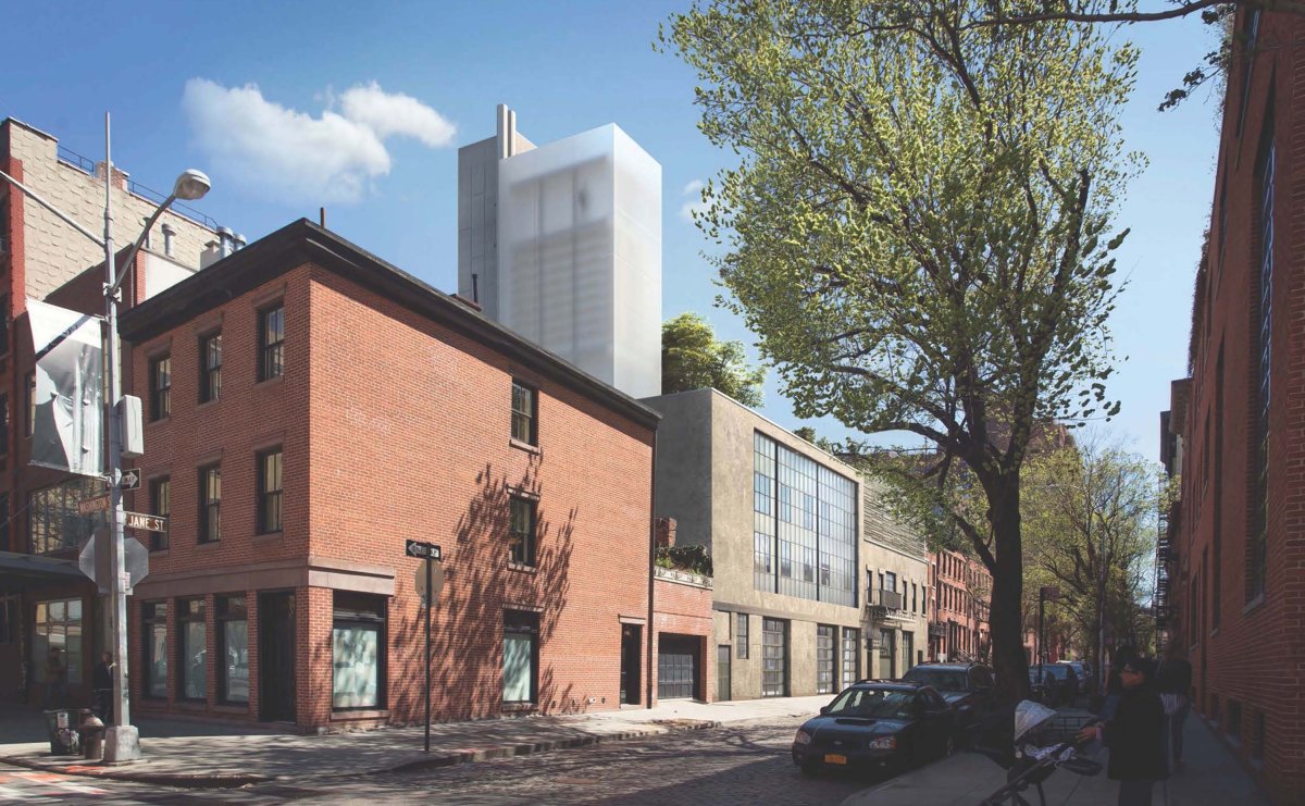 The original proposed design for 85-89 Jane St. — the two brown-colored buildings midblock, plus two towers, one sheathed in glass and the other in concrete.