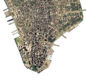 cultureNOW This 1996 aerial view shows Lower Manhattan after it lost most of its piers, but gained Battery Park City. 