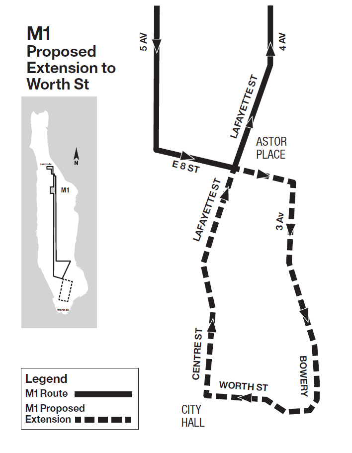 MTA The MTA plans to extend the M1 bus route south to Worth St. by next spring
