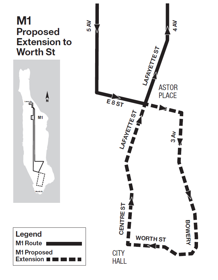 MTA to extend M1 bus route south to Worth St. 1 MTA The MTA plans to extend the M1 bus route south to Worth St. by next spring