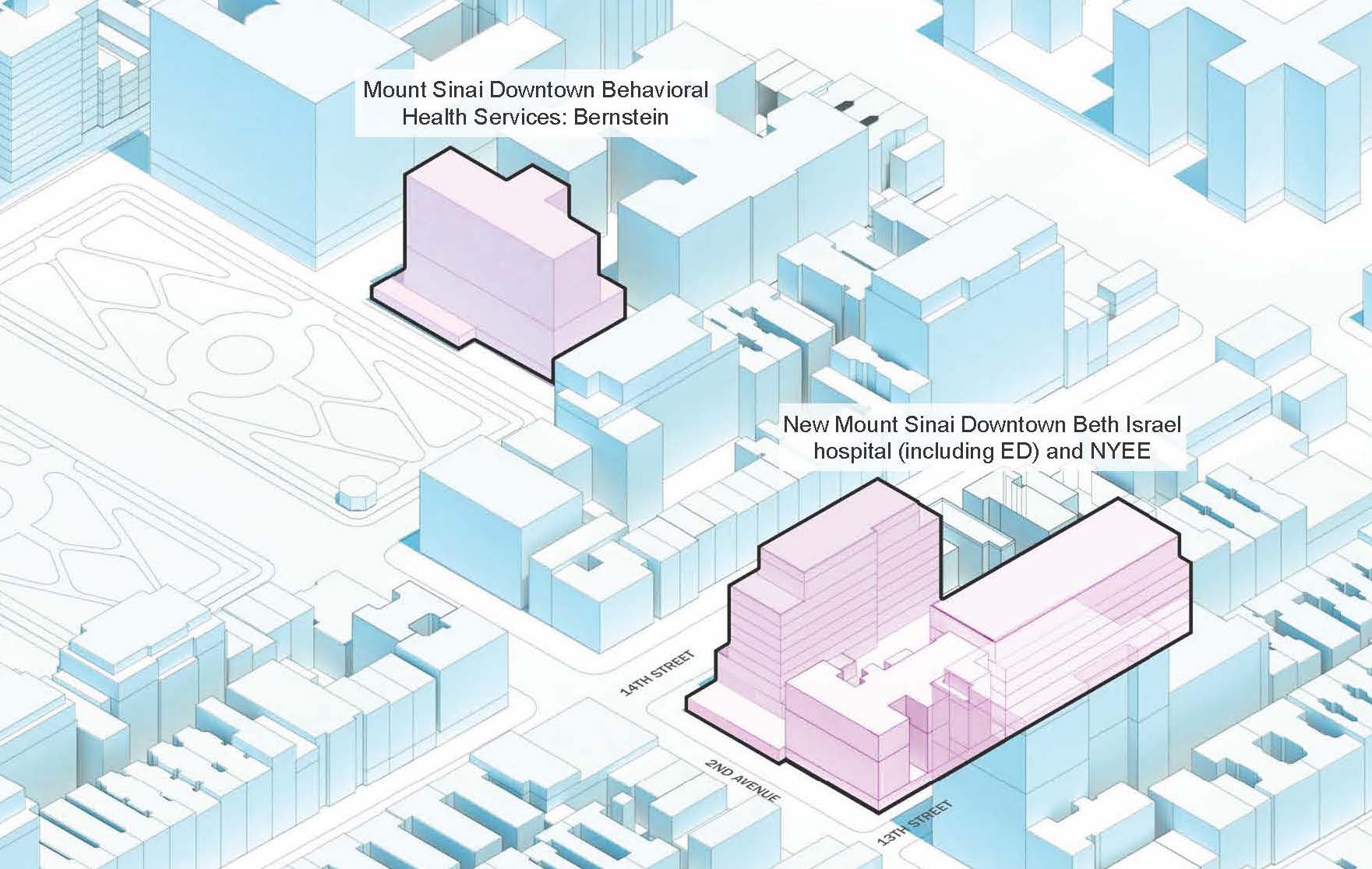 Downsized Beth Israel could be done in 4 years 2 A schematic showing Mount Sinai Beth Israel's Bernstein Pavilion for behavioral health patients, and the planned new mini-hospital. The New York Eye and Ear Infirmary would continue to occupy the block's southwest corner. The block to the north of Bernstein is the current site of Beth Israel's main hospital campus, which will be sold to finance the rebuilding project and other Downtown improvements.