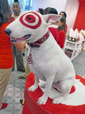 Photo by Milo Hess Bullseye, Target's face-painted bull terrier mascot was on his best behavior as he greeted shoppers.