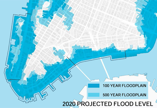 Karen Oh Projections from the Lower Manhattan Coastal Resiliency Project taking global warming and rising sea levels into account show the 2020 flood risk map to be nearly identical to the 2013 FIRM that sent the city scrambling to get revisions. And the flood plain map for 2050 virtually turns Fidi into an island of its own.