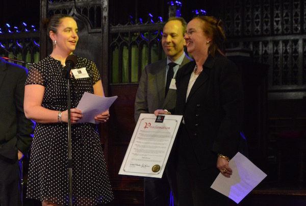 Borough President Gale Brewer presents Bloomingdale School of Music's executive director Erika Floreska with a proclamation marking the school’s birthday, while its Board president Kenneth Michaels looks on. | JACKSON CHEN