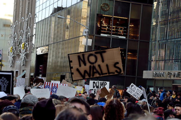 Trump Tower: #NotMyPresident Ground Zero 1 Demonstrators pressed up against the barricades set up around Trump Tower on Saturday. | DONNA ACETO