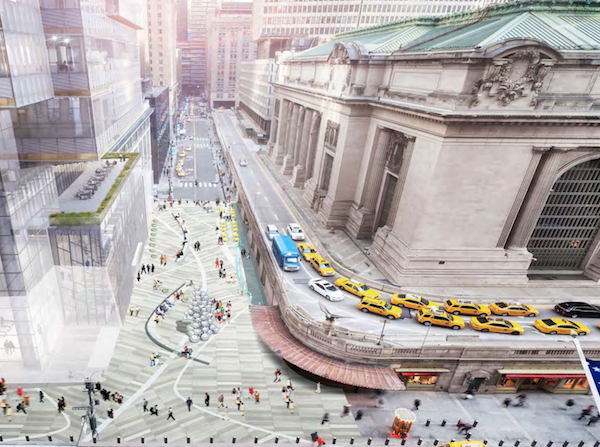 A Department of Transportation rendering of a pedestrian plaza between Grand Central Terminal and the One Vanderbilt project currently under construction on East 42nd Street. | NYC DOT 