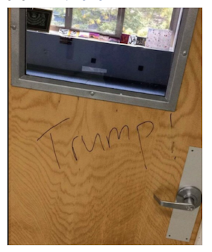 Violated: “Trump” with an exclamation point written on the door of the Islamic prayer room at the NYU Tandon campus in Downtown Brooklyn. Photo courtesy The Villager.