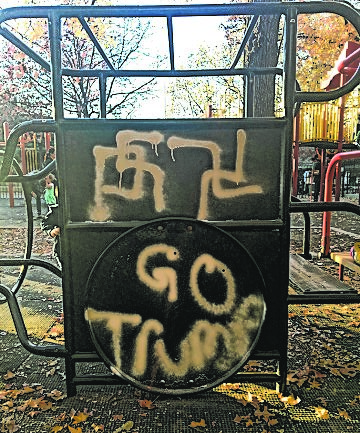Parents found swastikas and the phrase “Go Trump” scrawled on playground equipment when they took their kids to play in Brooklyn’s Adam Yauch Park on Nov. 17. Photo courtesy Office of State Sen. Daniel Squadron.