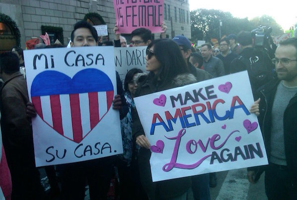 Thousands More Turn Out Sunday in Columbus Circle 1 In multiple languages, the crowd called for unity and love among those stunned by last week’s election. | MANHATTAN EXPRESS