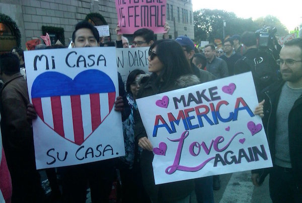 In multiple languages, the crowd called for unity and love among those stunned by last week’s election. | MANHATTAN EXPRESS 