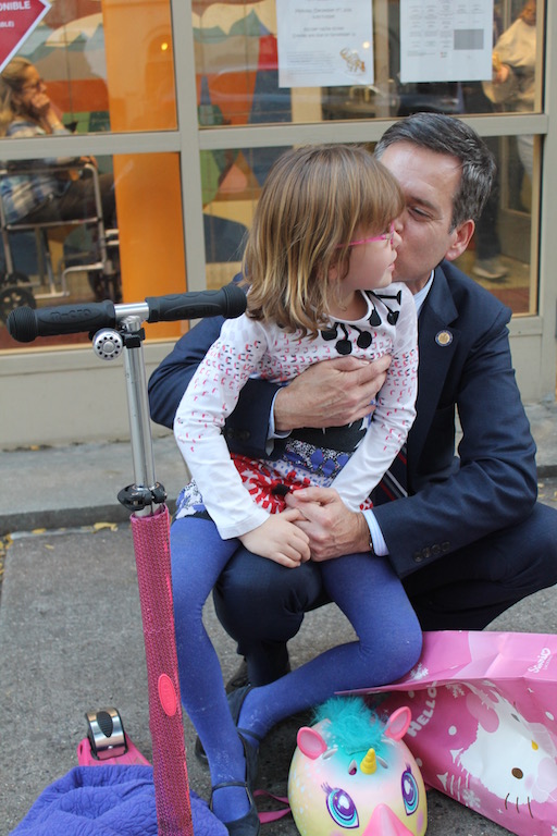 State Senator Brad Hoylman with his daughter, Sylvia, outside P.S. 41 on W. 11th St., before voting on Election Day. Photo by Scoopy