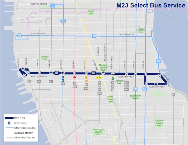 Upgraded M23 Bus Still Riding A Learning Curve 3 The new SBS route is identical to the old M23 route, sans stops at Madison Square Park and Lexington Ave. Image courtesy MTA.