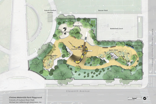 A bubble diagram, highlighting the major areas of the park — including the separate water areas for toddlers and older children. Image courtesy Michael Van Valkenburgh Associates, Inc.