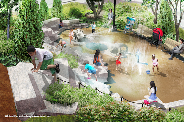 The toddlers’ water area, pictured here, includes animal head statues (from a former W. 39 St. slaughterhouse) repurposed as water fountains for play. Image courtesy Michael Van Valkenburgh Associates, Inc.