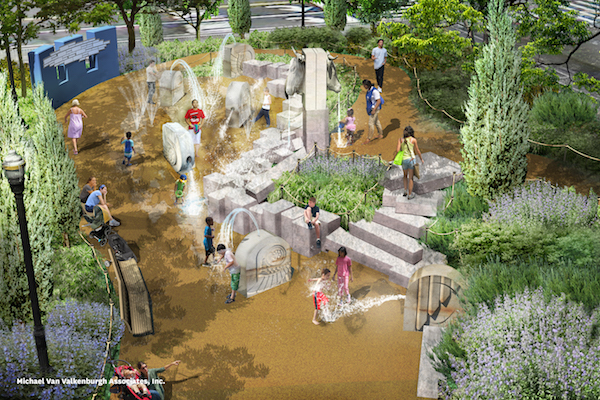 The “water maze” area for older kids will include higher streams of water, and more challenging obstacles. Image courtesy Michael Van Valkenburgh Associates, Inc.