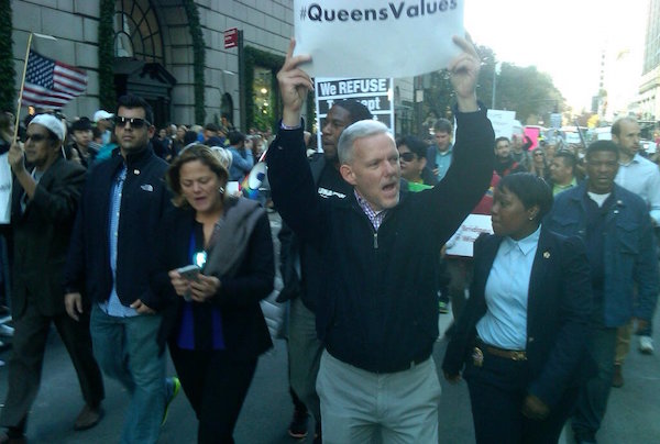 City Council Majority Leader Jimmy Van Bramer and Speaker Melissa Mark-Viverito lead a march from Long Island City to Trump Tower on November 18. | ANDY HUMM 