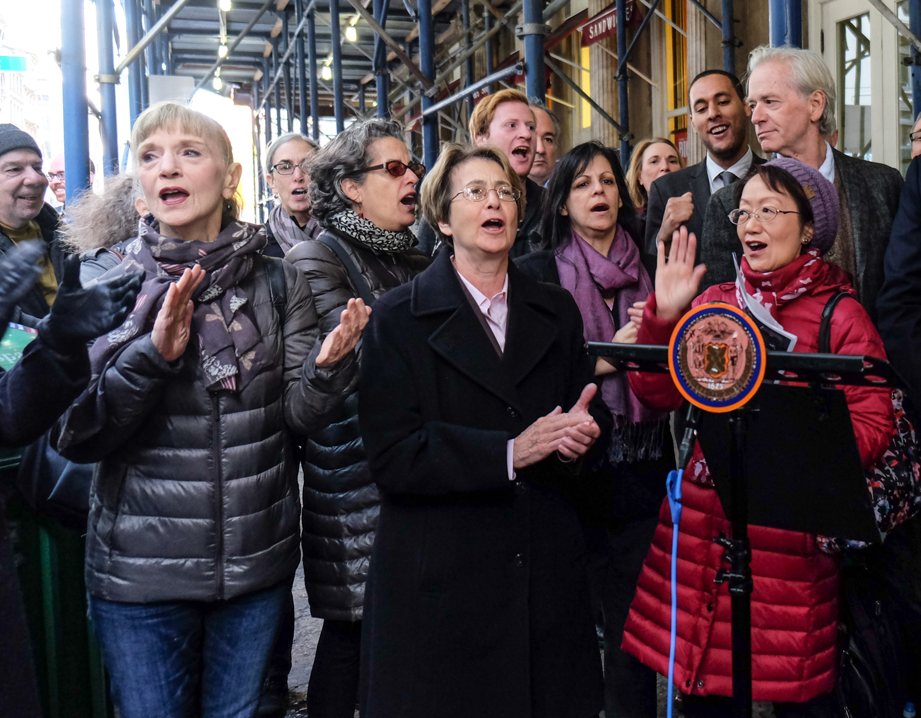 "Enforce the law!" local politicians and residents chanted outside the new Niketown superstore in Soho on Thursday. They charge the project did not go through the required public review. Photos by Tequila Minsky