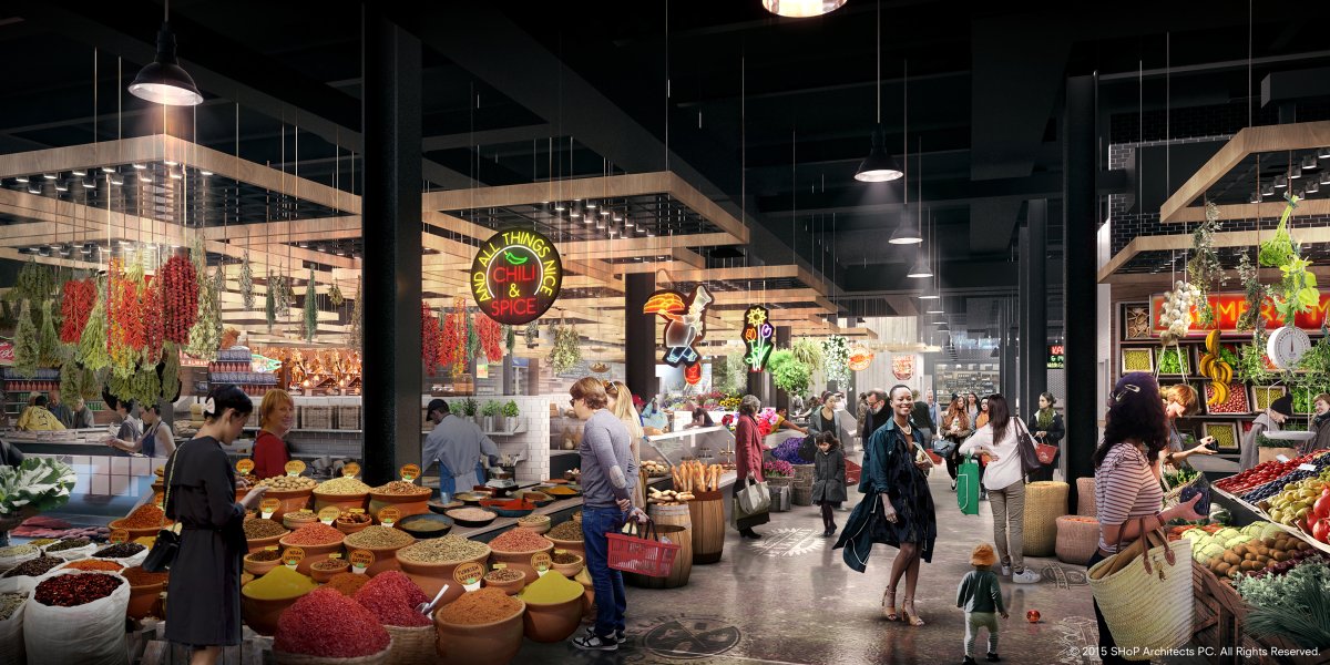 A design rendering showing people shopping for spices and produce in part of the Market Line retail strip in the Essex Crossing project.