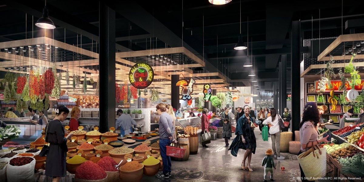 ‘Market midway’ plan at Essex Crossing 1 A design rendering showing people shopping for spices and produce in part of the Market Line retail strip in the Essex Crossing project.