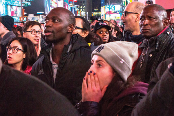 In Hell’s Kitchen, An Election Night Endurance Test 1 Times Square onlookers react to news that Donald Trump has just won Florida. Photo by Zach Williams.