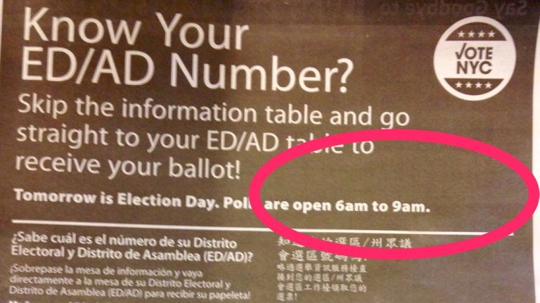 The BOE's Election Day ad in most city papers put the wrong time for polls in English.