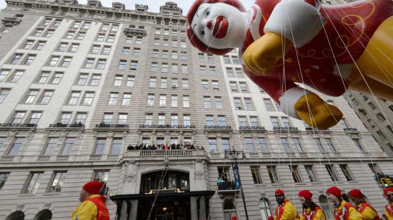 The Ronald McDonald balloon floats above Central Park West on Thursday, Nov. 24, 2016, at the start of the 90th annual Macy's Thanksgiving Day Parade in Manhattan.