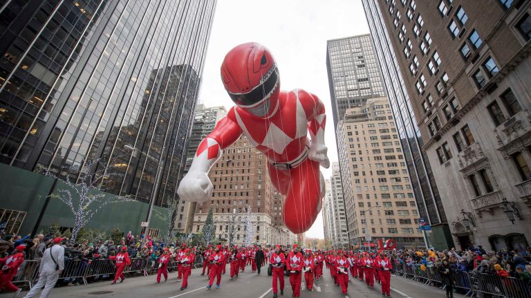 The Red Mighty Morphin Power Ranger balloon flies along Sixth Avenue near 59th Street on Thursday Nov. 24, 2016, during the 90th annual Macy's Thanksgiving Day Parade in Manhattan.