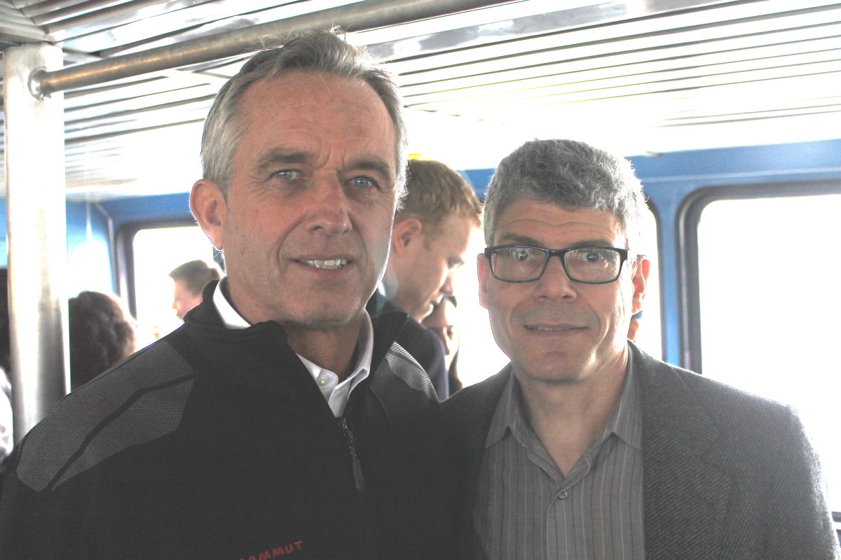 Robert F. Kennedy, Jr., president of the Waterkeeper Alliance, left, and Paul Gallay, president of Riverkeeper, aboard a New York Water Taxi ferry at Riverkeeper’s “State of the River” event in April. They were kicking off the group’s 50th anniversary celebrations. R.F.K., Jr., who is Riverkeeper’s prosecuting attorney, spoke about the organization’s origins as the Hudson River Fishermen’s Association, a group of commercial fishermen concerned that the pollution of the river was affecting their livelihood. Over the years, Riverkeeper has worked to rid the river of harmful PCB’s, sought to block ill-considered development, and worked to close the aging Indian Point nuclear power plant on the river’s banks. Today, the Hudson’s pollution levels are down, and swimming and boating in the river are back. Riverkeeper helped inspire the waterkeeper movement, protecting tens of thousands of miles of rivers and coastlines around the world. In a bit of American history, Kennedy also noted that, while New England is generally regarded as the area richest in Revolutionary War history, the conflict actually centered around New York because of the mighty Hudson River’s strategic importance. Photo by Lincoln Anderson
