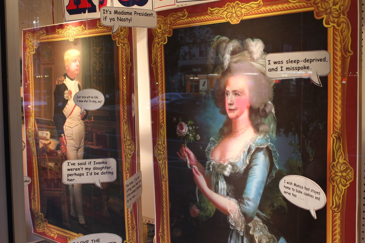 The Kikkerland design store on Sixth Ave. in the Village had some fun with its front window, portraying Trump and Clinton as circa 18th-century monarchs of sorts,along with some of their kookiest quotes. Photo by Lincoln Anderson