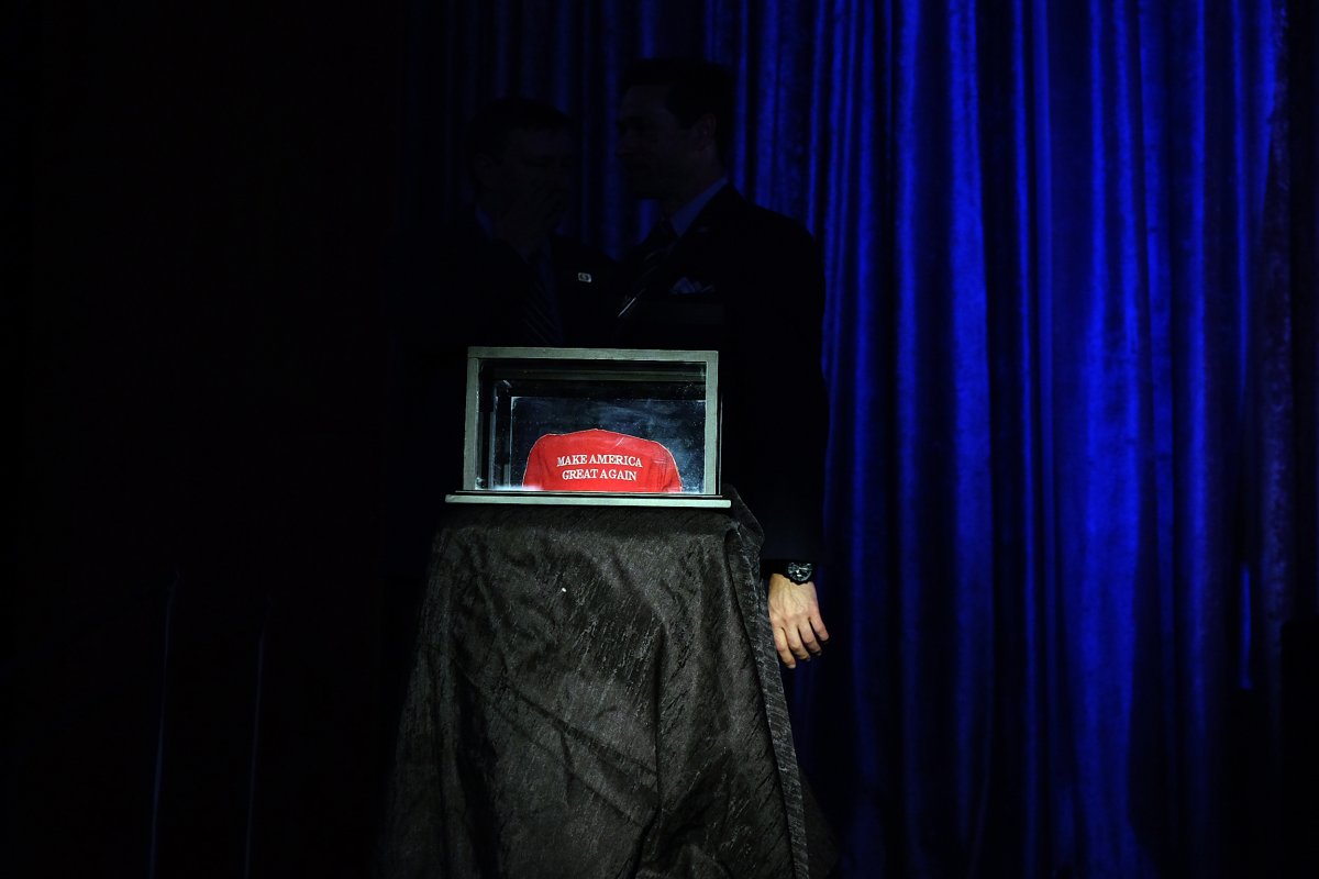 Hat's all, folks... On display under glas at Trump's victory party — the wacky hat that started it all.