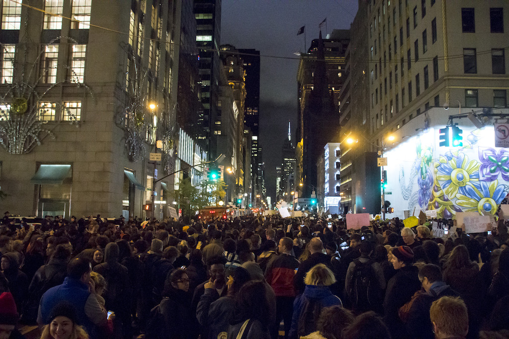 The crowd filled Fifth Ave. in Midtown outside Trump Tower.