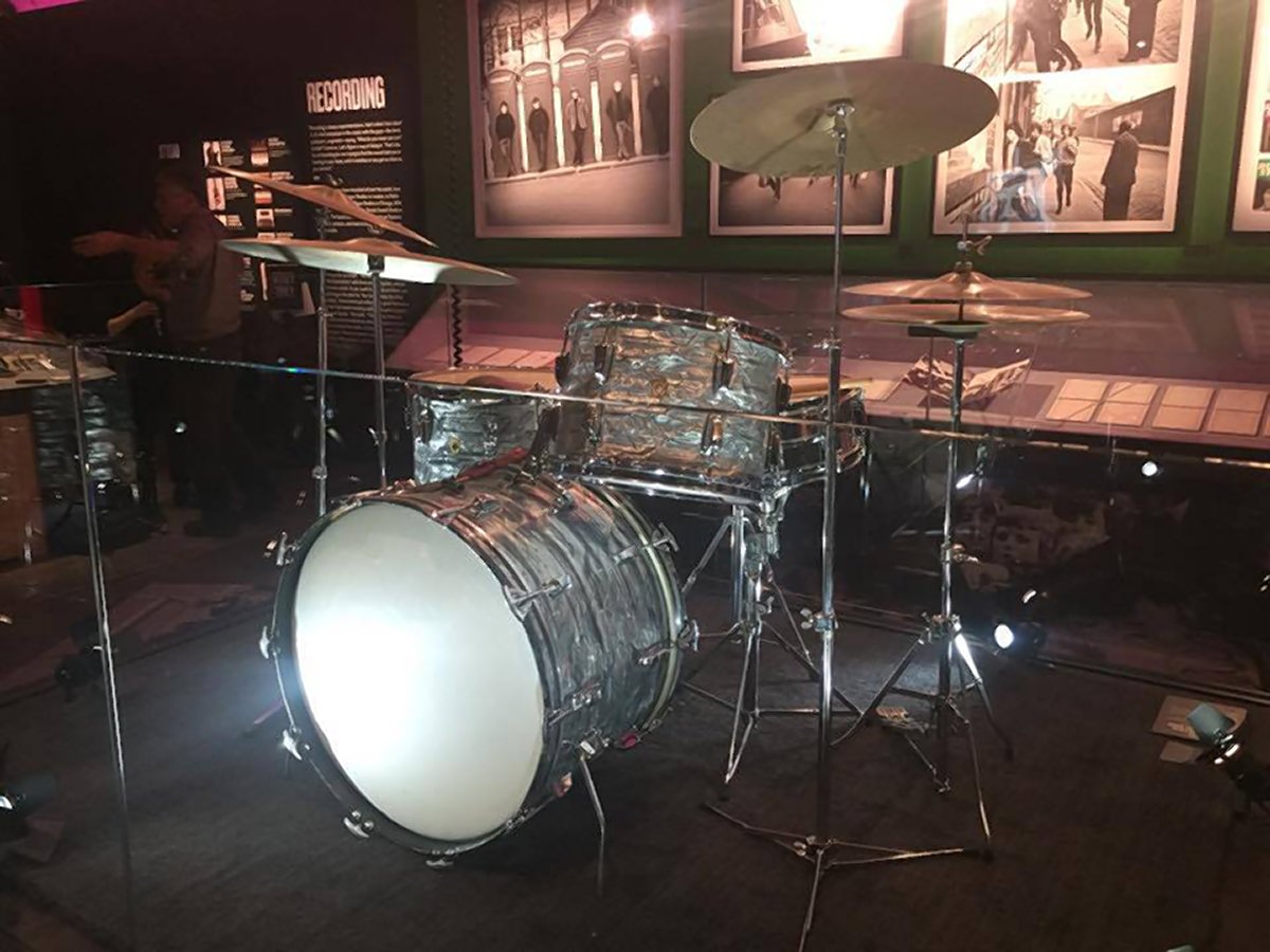 Charlie Watts’s 1965 blue pearl Ludwig drum set is just one of the hundreds of Rolling Stones instruments, garments and other sundry items at the Industria show about the famed band. Photos by Dennis Lynch