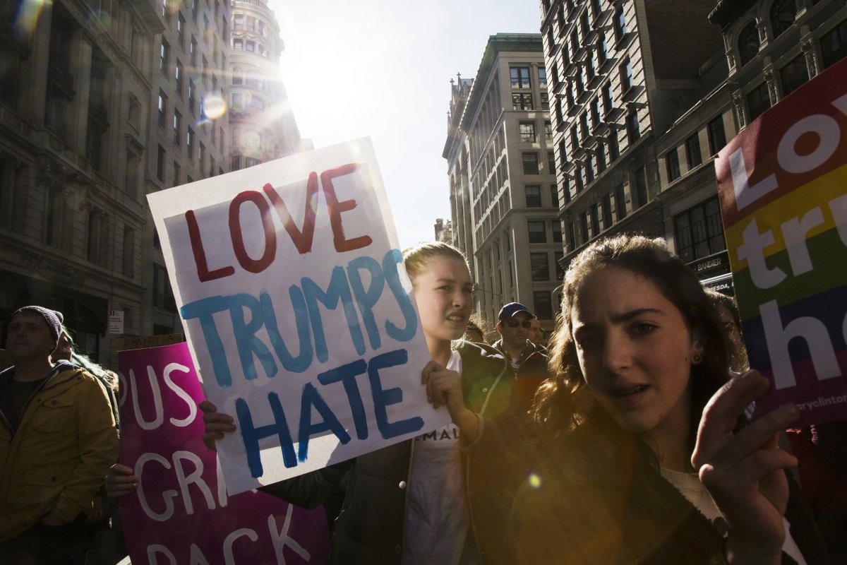 At Saturday’s protest march against President-elect Donald Trump. Photo by Q. Sakamaki