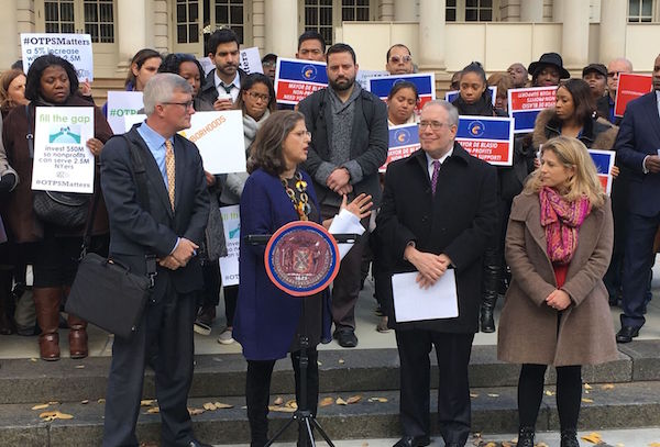 Assemblymember Brian Kavanagh, Councilmember Helen Rosenthal, Comptroller Scott Stringer, and the Human Services Council’s Allison Sesso at City Hall on December 1. | JACKSON CHEN 