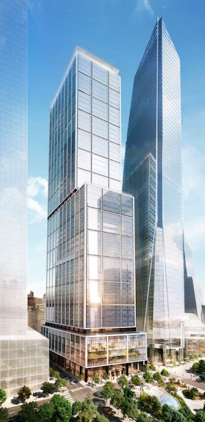 A rendering of 50 Hudson Yards tower (center). Also pictured: 30 Hudson Yards and the No. 7 Subway. Image courtesy Related-Oxford.