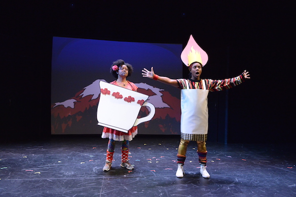 Kaaron Briscoe as Yogi, a teacup, and Naomi Lorrain as Fire, a candle, in “The Hike” by Jade Johnson, age 10; directed by Arielle Goldman. Photo by Winston Rodney.