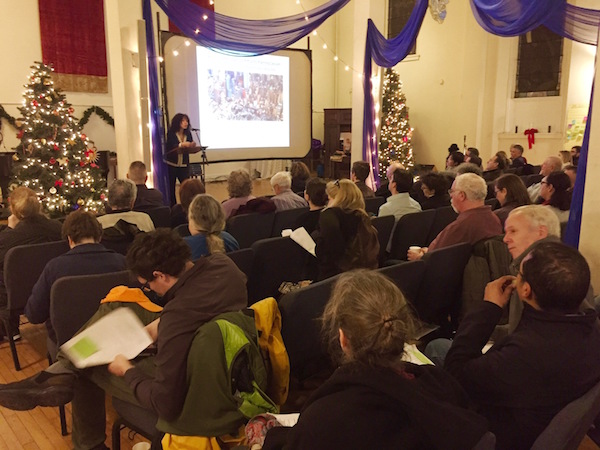 CB4 Chair Delores Rubin (at podium) moderates the Hell's Kitchen South Community Planning Session prompted by Port Authority’s bus terminal expansion plans. Photo by Eileen Stukane.