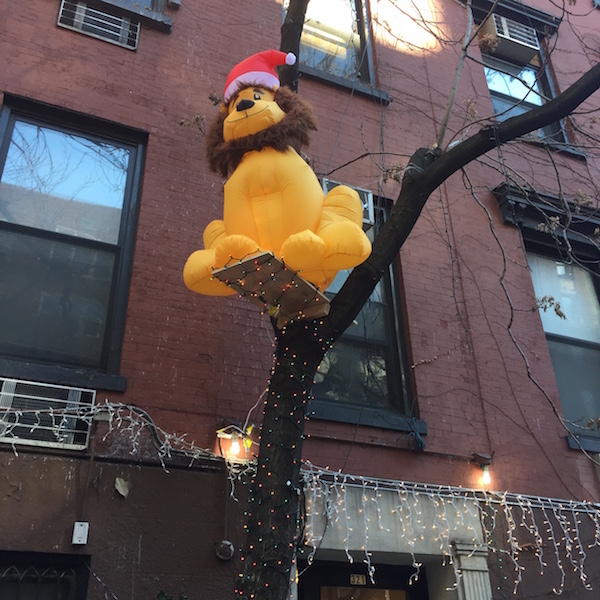 Reader Michael Rahav cleared up our question as to how this lion arrived on his W. 30th St. perch. Photo by Peter Michael Marino.