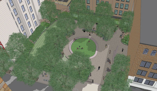 An aerial rendering of the park, highlighting the shade-providing trees and synthetic-turf centerpiece. Image courtesy NYC Parks Department.