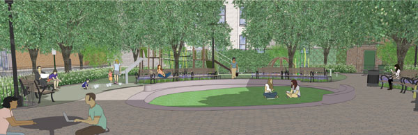 The park will feature two sets of play equipment: one for kids ages 5-12, one for ages 2-5, as well as a water feature. In the foreground, the synthetic turf area. Image courtesy NYC Parks Department.