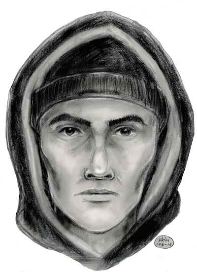 A sketch of the suspect in the Dec. 5 assault of a Muslim woman. He is described as between 25 and 35 years old, 5'9"–6', and 150–180 lbs. He was last seen wearing a dark jacket and a black knit hat. Image courtesy NYPD.