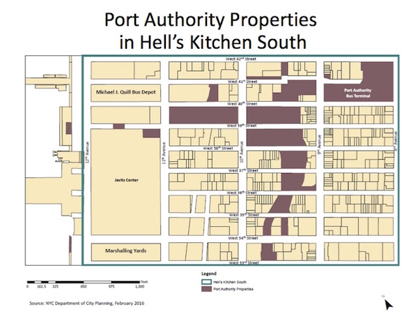 A slide from CB4’s presentation shows extensive property holdings in Hell’s Kitchen South. Image courtesy CB4.