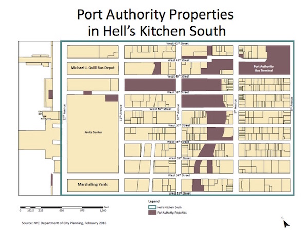 Bus Terminal Expansion Unites Hell’s Kitchen In A New Alliance 2 A slide from CB4’s presentation shows extensive property holdings in Hell’s Kitchen South. Image courtesy CB4.